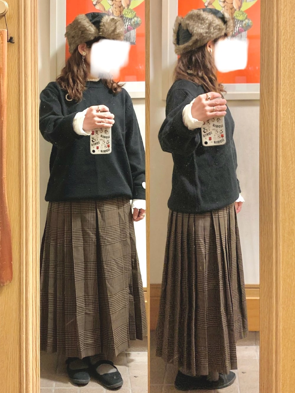 「昨日のコーデ、昨日の服、フライトキャップ、モッズコート、メンズ、ニット、チェック柄」｜「GUのアイテム（ニット/セーター、ブラック系）」を使った、まっきさん（レディース・150cm）の冬コーディネートの3枚目の写真