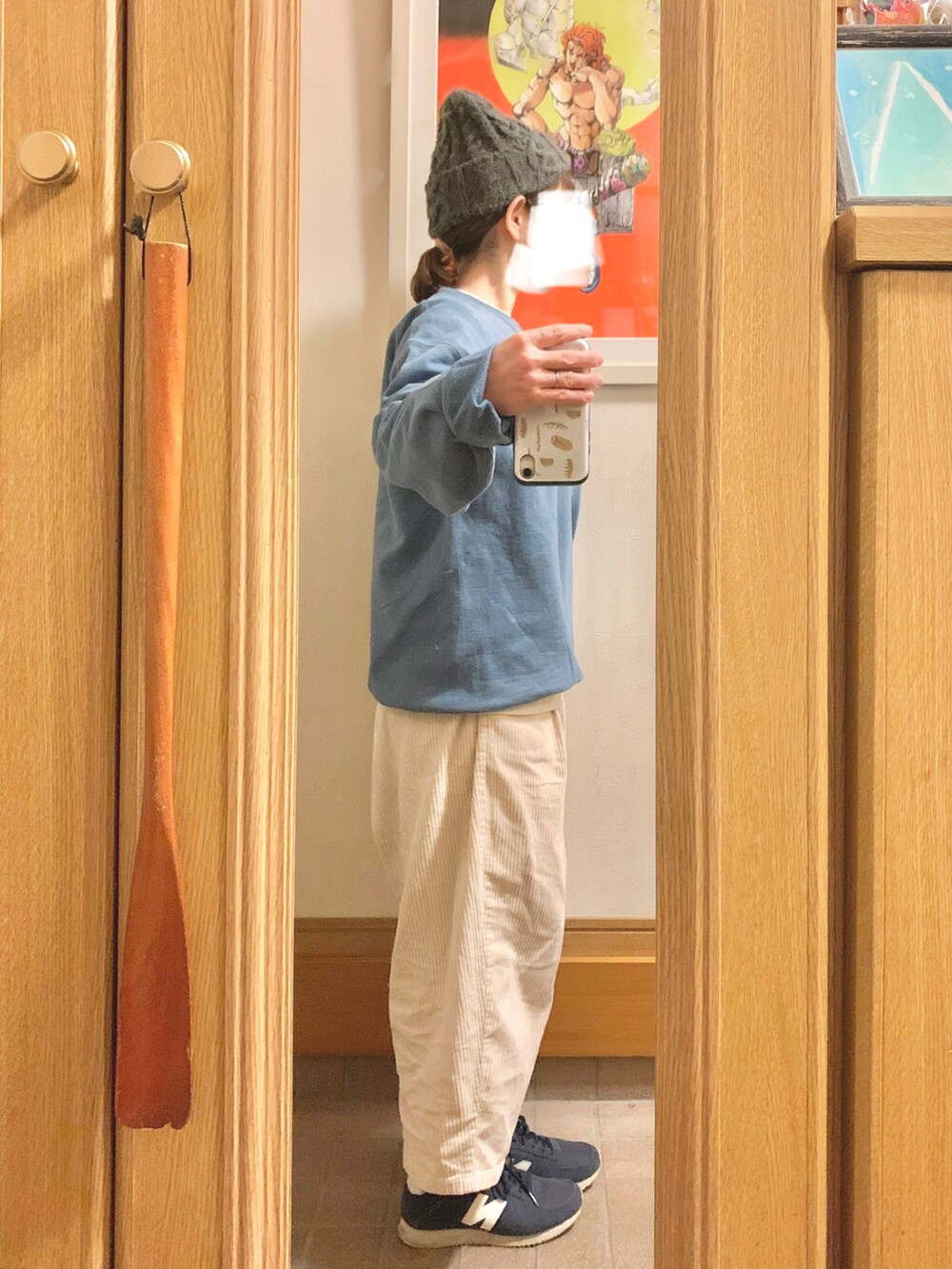 「昨日のコーデ、昨日の服、ニット帽、ライナー、スウェット、リメイク古着、コーデュロイパンツ、作家メイド、中古靴、古着」｜「Samansa Mos2のアイテム（モッズコート、グリーン系）」を使った、まっきさん（レディース・149cm）の春コーディネートの4枚目の写真