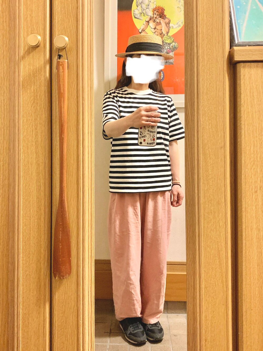 「昨日のコーデ、昨日の服、ボーダー、古着、ピンク」｜「14+のアイテム（ハット、ブラック系）」を使った、まっきさん（レディース・150cm）の夏コーディネートの2枚目の写真