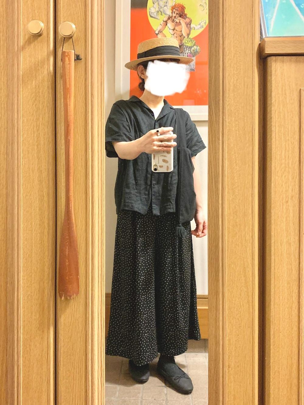 「昨日のコーデ、昨日の服、リネンシャツ、開襟シャツ、ひんやり素材、水玉」｜「14+のアイテム（ハット、ブラック系）」を使った、まっきさん（レディース・150cm）の夏コーディネートの2枚目の写真