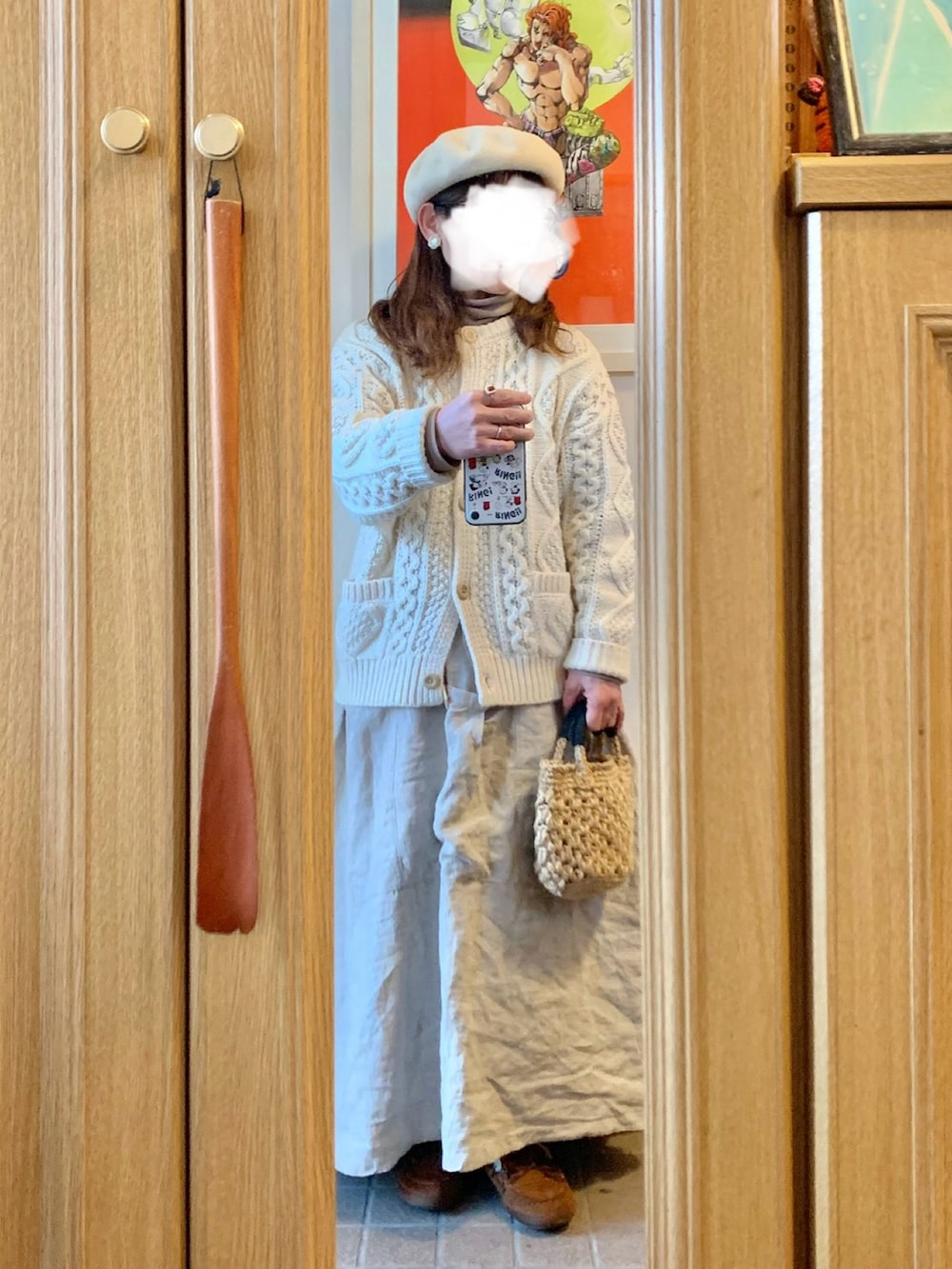 「昨日のコーデ、昨日の服、ナチュラルコーデ、古着、ベレー帽、モッズコート」｜「Right-onのアイテム（カーディガン/ボレロ、ホワイト系）」を使った、まっきさん（レディース・150cm）の冬コーディネートの2枚目の写真