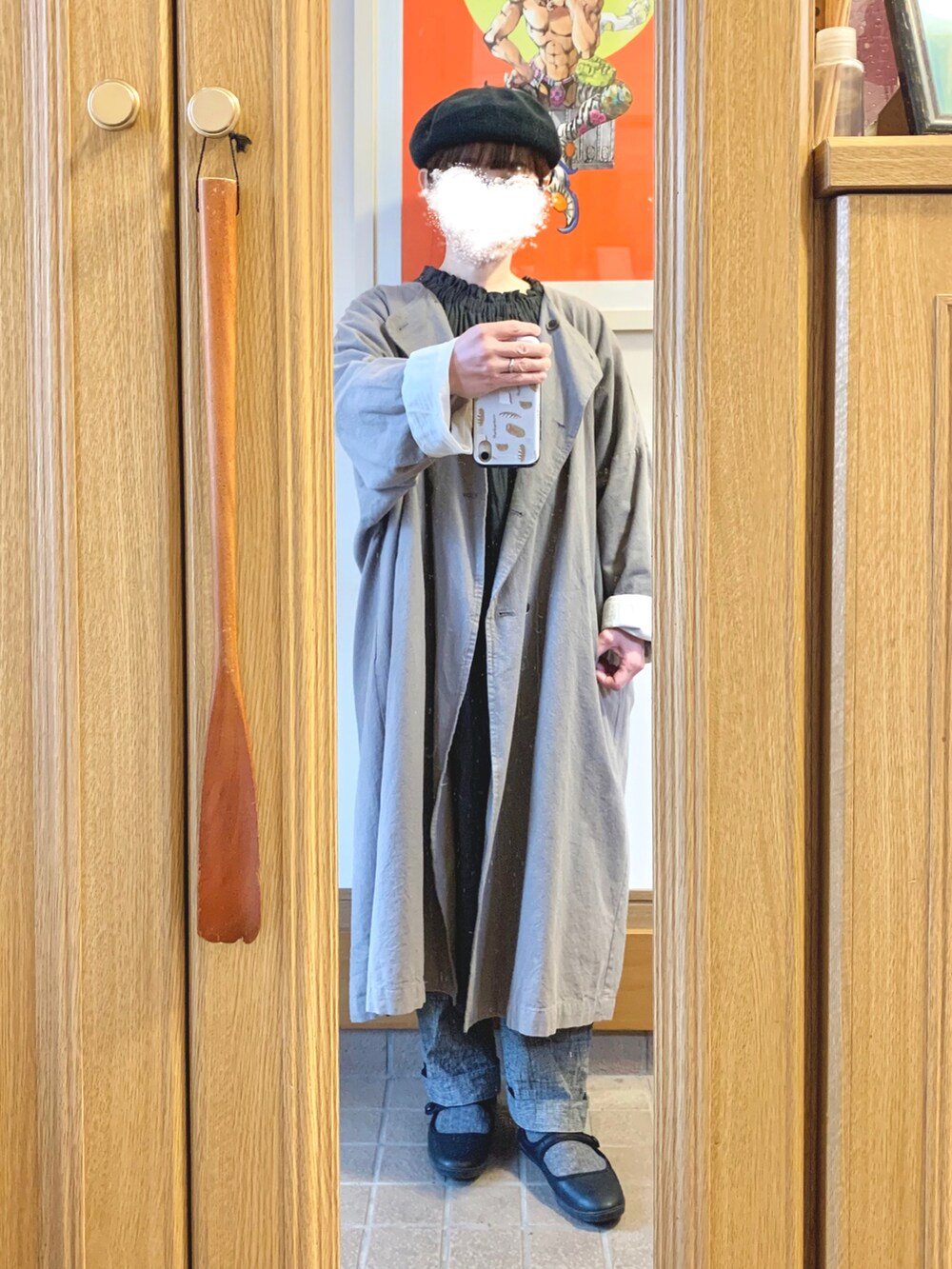 「今日のコーデ、今日の服、ベレー帽、古着、前後着、グレンチェック、グレー」｜「studio CLIPのアイテム（ワンピース、グレー系）」を使った、まっきさん（レディース・149cm）の春コーディネートの5枚目の写真