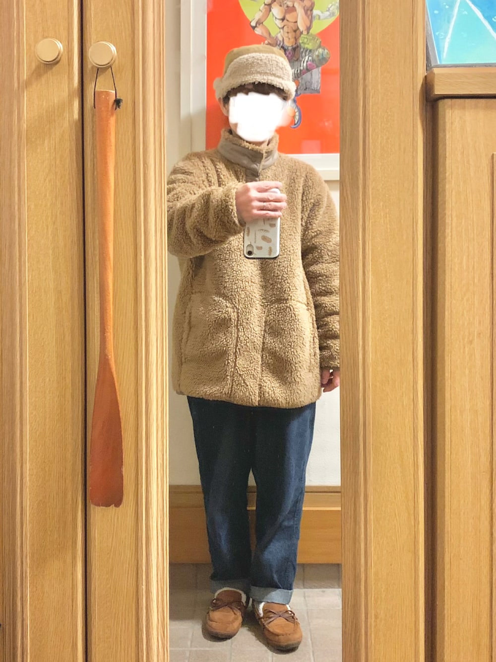 「昨日のコーデ、昨日の服、フリース、デニム、メンズアイテム」｜「UNIQLOのアイテム（その他トップス、ブラウン系）」を使った、まっきさん（レディース・149cm）の冬コーディネートの2枚目の写真
