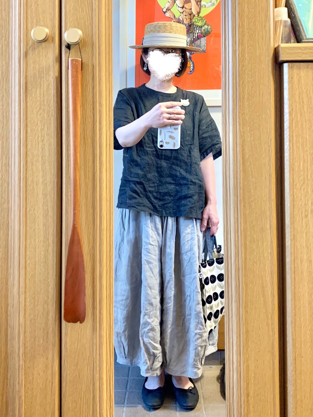 「今日のコーデ、今日の服、休日コーデ、シンプルコーデ、リネン」｜「14+の麦ブレードカンカン帽（ハット、ホワイト系）」を使った、まっきさん（レディース・149cm）の夏コーディネートの2枚目の写真