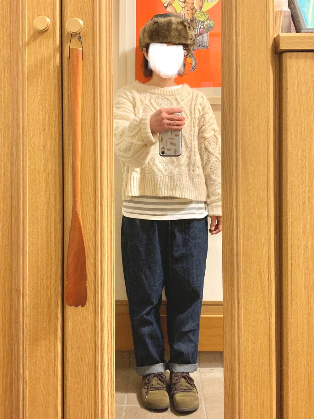 「昨日のコーデ、キャップ、ニット、古着、ベスト、デニム、モンタナ、カーキ、ボーダー」｜「古着のアイテム（ベスト、グリーン系）」を使った、まっきさん（レディース・149cm）の秋コーディネートの5枚目の写真
