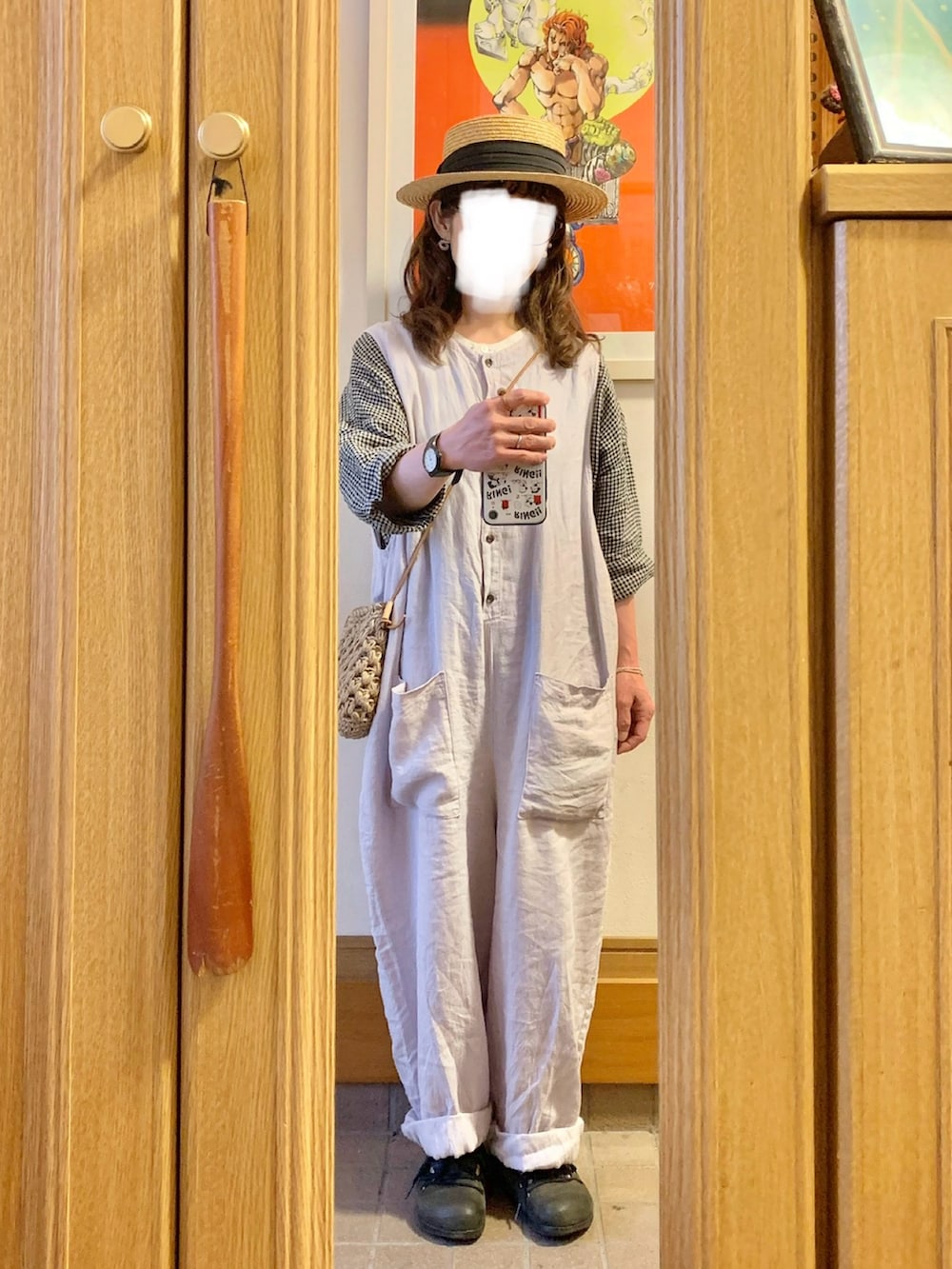 「昨日のコーデ、昨日の服、麦わら帽子、リネン、古着、モンタナ」｜「作家メイドのアイテム（ショルダーバッグ、ベージュ系）」を使った、まっきさん（レディース・150cm）の春コーディネートの2枚目の写真