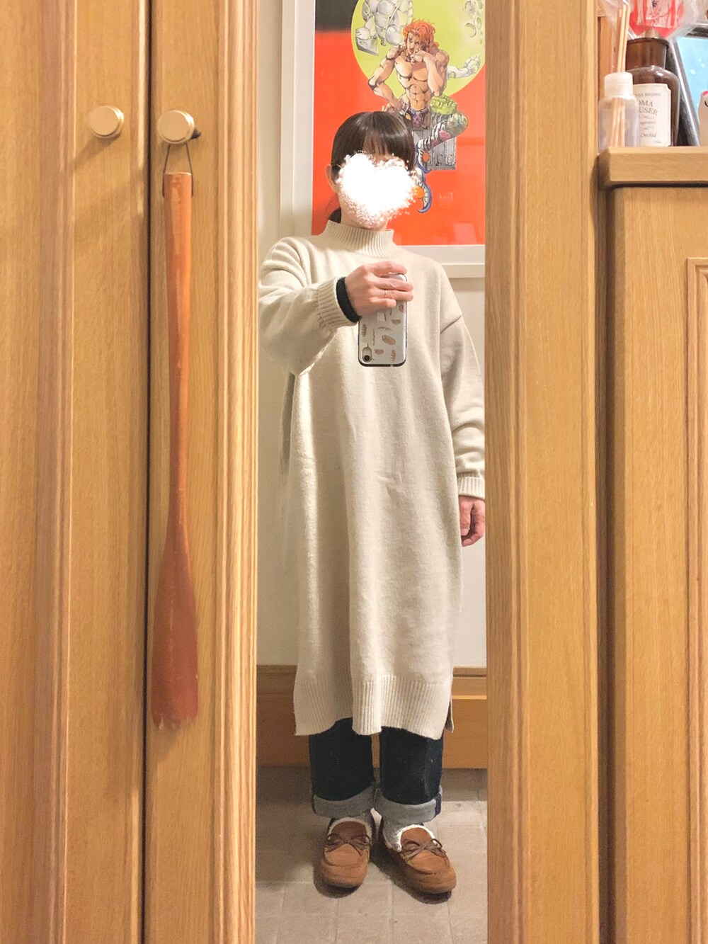 「今日のコーデ、今日の服、シンプルコーデ、ニットワンピース、プチプラ」｜「しまむらのアイテム（ワンピース、ホワイト系）」を使った、まっきさん（レディース・149cm）の冬コーディネートの2枚目の写真