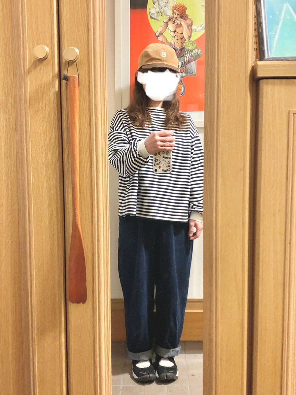 「昨日のコーデ、昨日の服、キャップ、ボーダー、モッズコート、デニム、エアリフト、古着」｜「マルシェ購入品のアイテム（キャップ、ブラウン系）」を使った、まっきさん（レディース・150cm）の春コーディネートの2枚目の写真