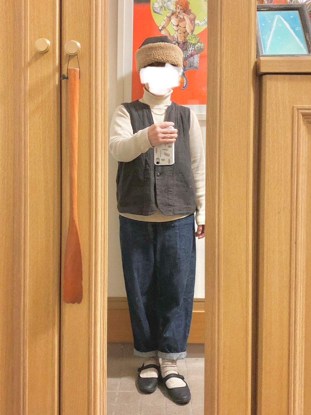 「今日のコーデ、今日の服、タートルネック、ベスト、古着、チェック柄、デニム」｜「SUN VALLEYのアイテム（ピーコート、ブラウン系）」を使った、まっきさん（レディース・149cm）の秋コーディネートの2枚目の写真