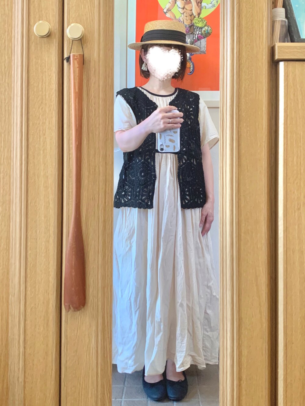 「今日のコーデ、今日の服、麦わら帽子、ガーリーコーデ」｜「14+の麦ブレードカンカン帽（ハット、ブラック系）」を使った、まっきさん（レディース・149cm）の夏コーディネートの3枚目の写真