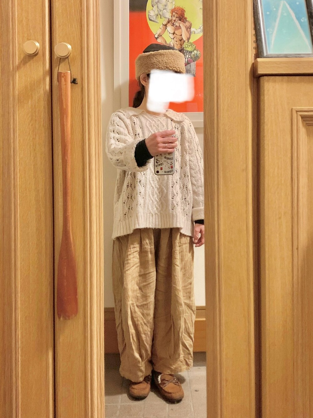 「昨日のコーデ、昨日の服、ニット、古着、モッズコート、モカシン、ニットカーディガン」｜「＋bormeのアイテム（ジャケット/アウター、ブラック系）」を使った、まっきさん（レディース・150cm）の冬コーディネートの4枚目の写真