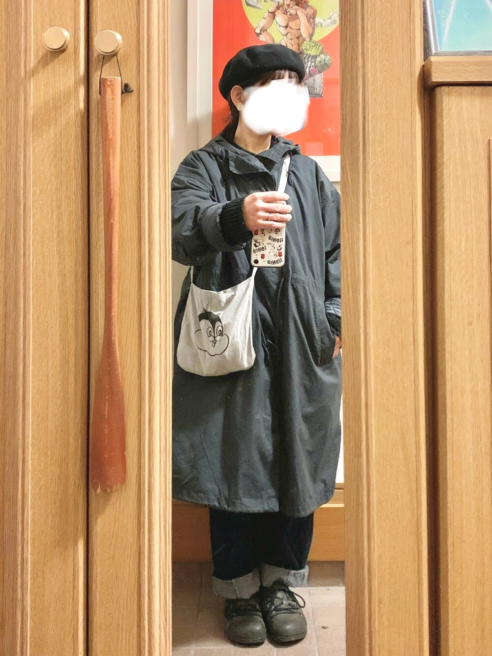 「今日のコーデ、今日の服、ベレー帽、古着、モンタナ、ニットカーディガン」｜「Samansa Mos2のフリル襟綿チュールトップス（Tシャツ/カットソー、ブラック系）」を使った、まっきさん（レディース・150cm）の冬コーディネートの4枚目の写真