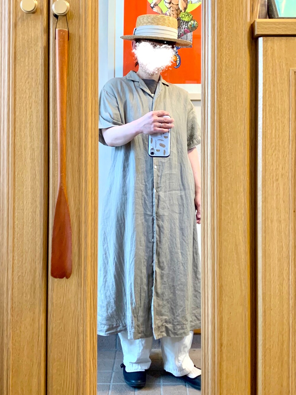 「今日のコーデ、今日の服、麦わら帽子、開襟シャツワンピース、シンプルコーデ、古着」｜「14+の麦ブレードカンカン帽（ハット、ホワイト系）」を使った、まっきさん（レディース・149cm）の夏コーディネートの2枚目の写真