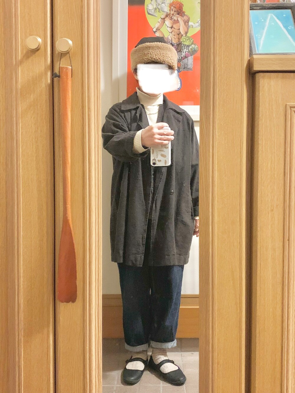 「今日のコーデ、今日の服、タートルネック、ベスト、古着、チェック柄、デニム」｜「SUN VALLEYのアイテム（ピーコート、ブラウン系）」を使った、まっきさん（レディース・149cm）の秋コーディネートの3枚目の写真