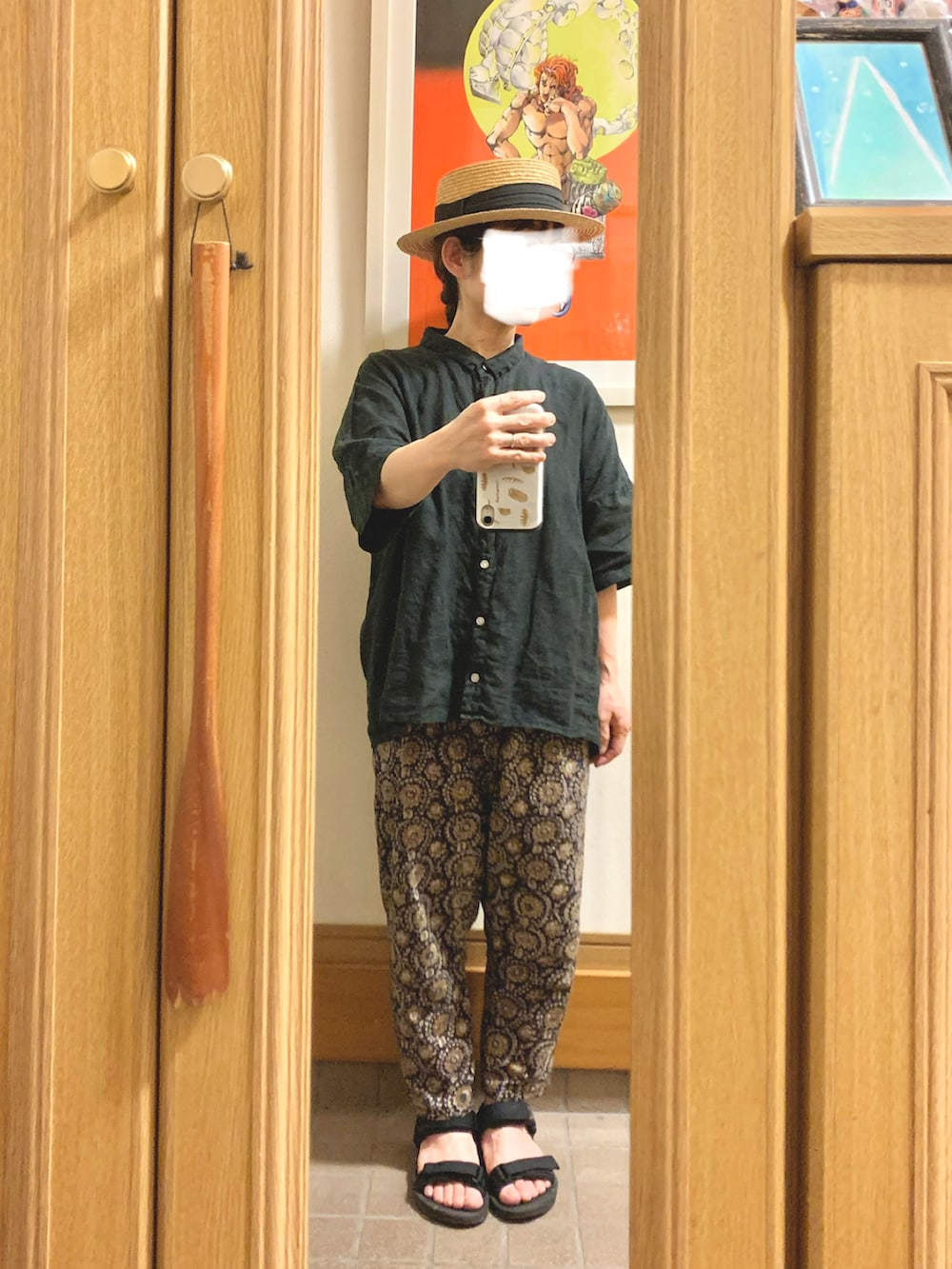 「昨日のコーデ、昨日の服、リネンシャツ、柄パンツ、インド綿、スポサン」｜「作家メイドのアイテム（パンツ、その他）」を使った、まっきさん（レディース・150cm）の夏コーディネートの2枚目の写真