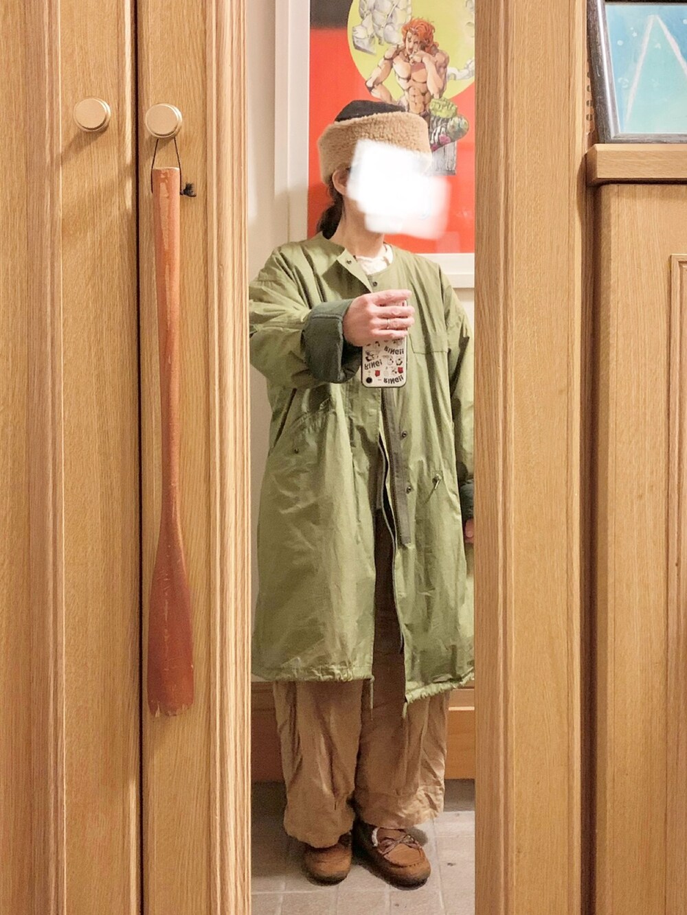 「昨日のコーデ、昨日の服、ニット、古着、モッズコート、モカシン、ニットカーディガン」｜「＋bormeのアイテム（ジャケット/アウター、ブラック系）」を使った、まっきさん（レディース・150cm）の冬コーディネートの5枚目の写真