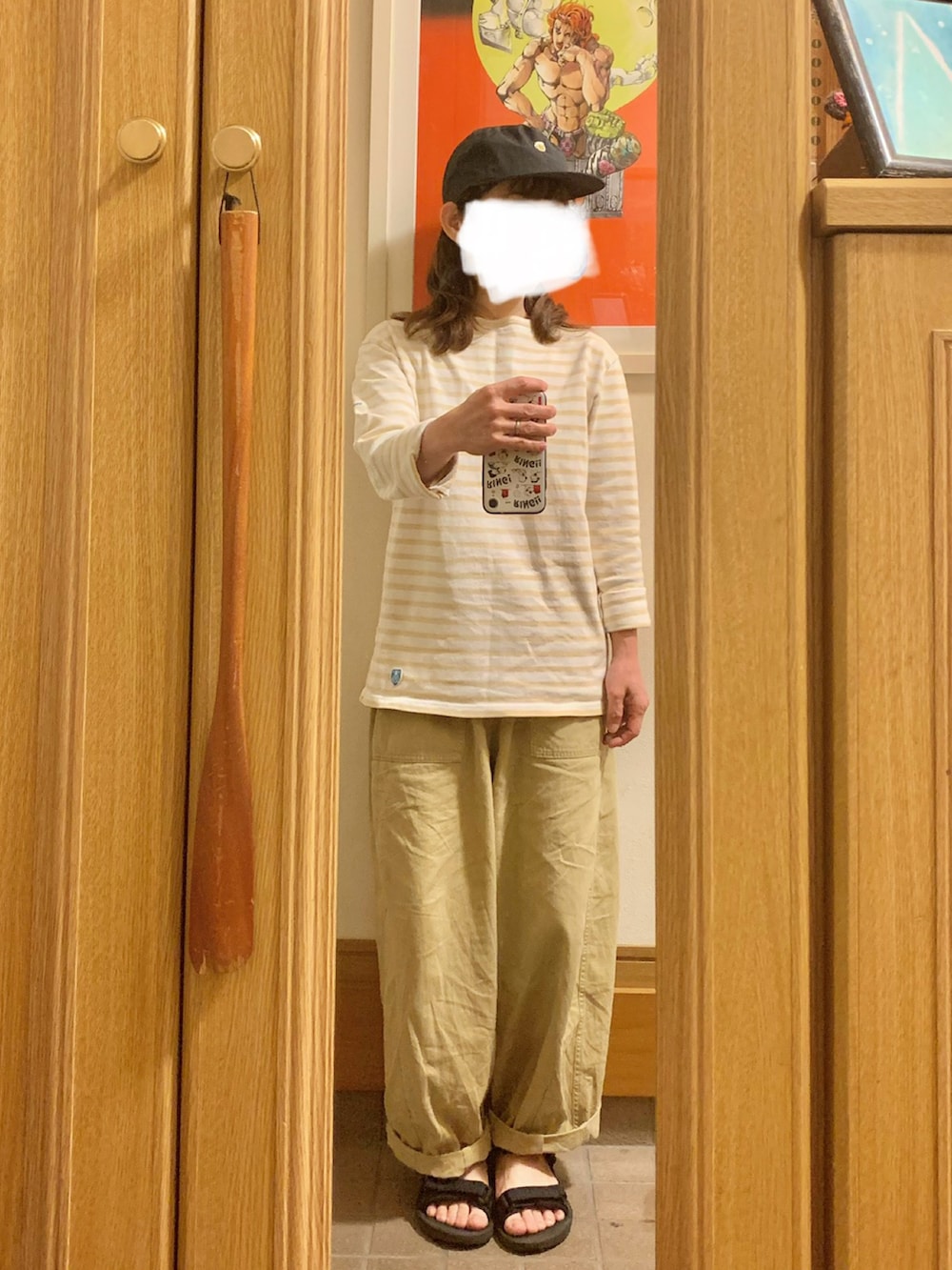 「昨日のコーデ、昨日の服、キャップ、古着コーデ、古着、ボーダー、スポサン」｜「UNIQLOのアイテム（サンダル、ブラック系）」を使った、まっきさん（レディース・150cm）の春コーディネートの2枚目の写真