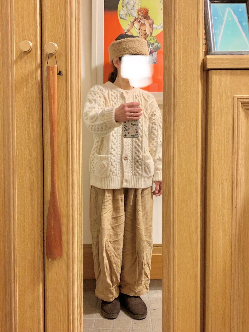「昨日のコーデ、昨日の服、ニット、古着、モッズコート、モカシン、ニットカーディガン」｜「＋bormeのアイテム（ジャケット/アウター、ブラック系）」を使った、まっきさん（レディース・150cm）の冬コーディネートの2枚目の写真