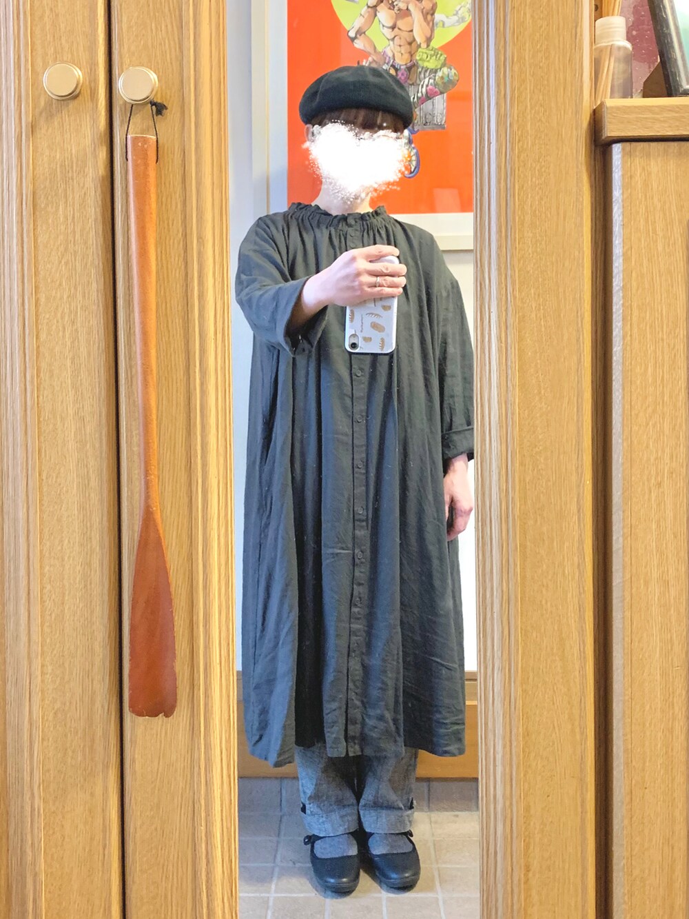 「今日のコーデ、今日の服、ベレー帽、古着、前後着、グレンチェック、グレー」｜「studio CLIPのアイテム（ワンピース、グレー系）」を使った、まっきさん（レディース・149cm）の春コーディネートの3枚目の写真