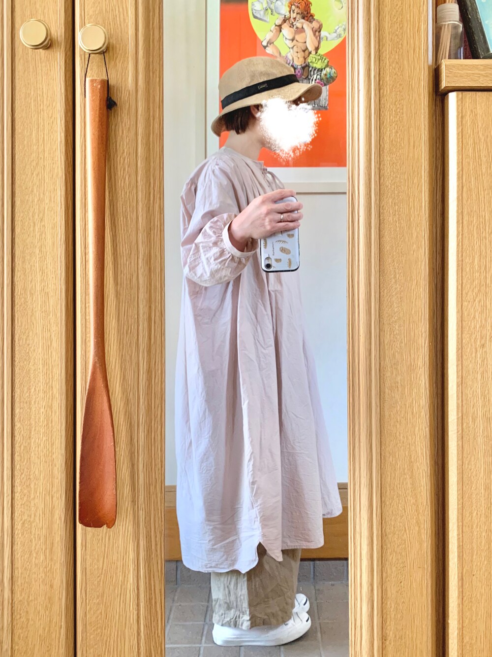 「今日のコーデ、今日の服、くすみピンク」｜「マルシェ購入品のアイテム（ワンピース、ピンク系）」を使った、まっきさん（レディース・149cm）の春コーディネートの3枚目の写真