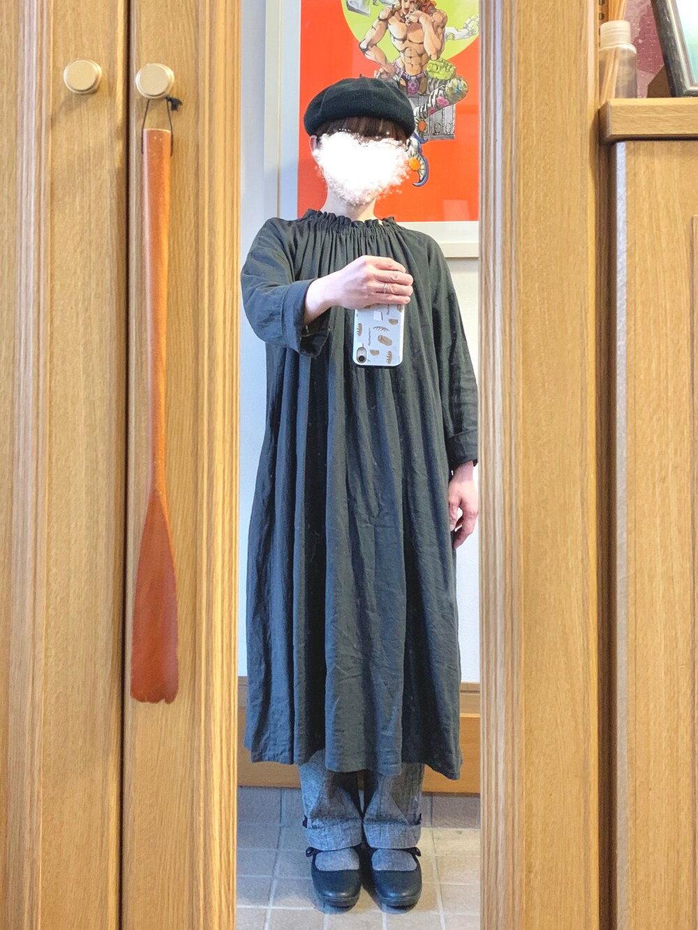 「今日のコーデ、今日の服、ベレー帽、古着、前後着、グレンチェック、グレー」｜「studio CLIPのアイテム（ワンピース、グレー系）」を使った、まっきさん（レディース・149cm）の春コーディネートの2枚目の写真