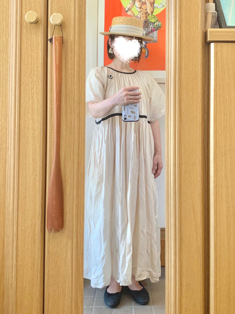 「今日のコーデ、今日の服、麦わら帽子、ガーリーコーデ」｜「14+の麦ブレードカンカン帽（ハット、ブラック系）」を使った、まっきさん（レディース・149cm）の夏コーディネートの4枚目の写真