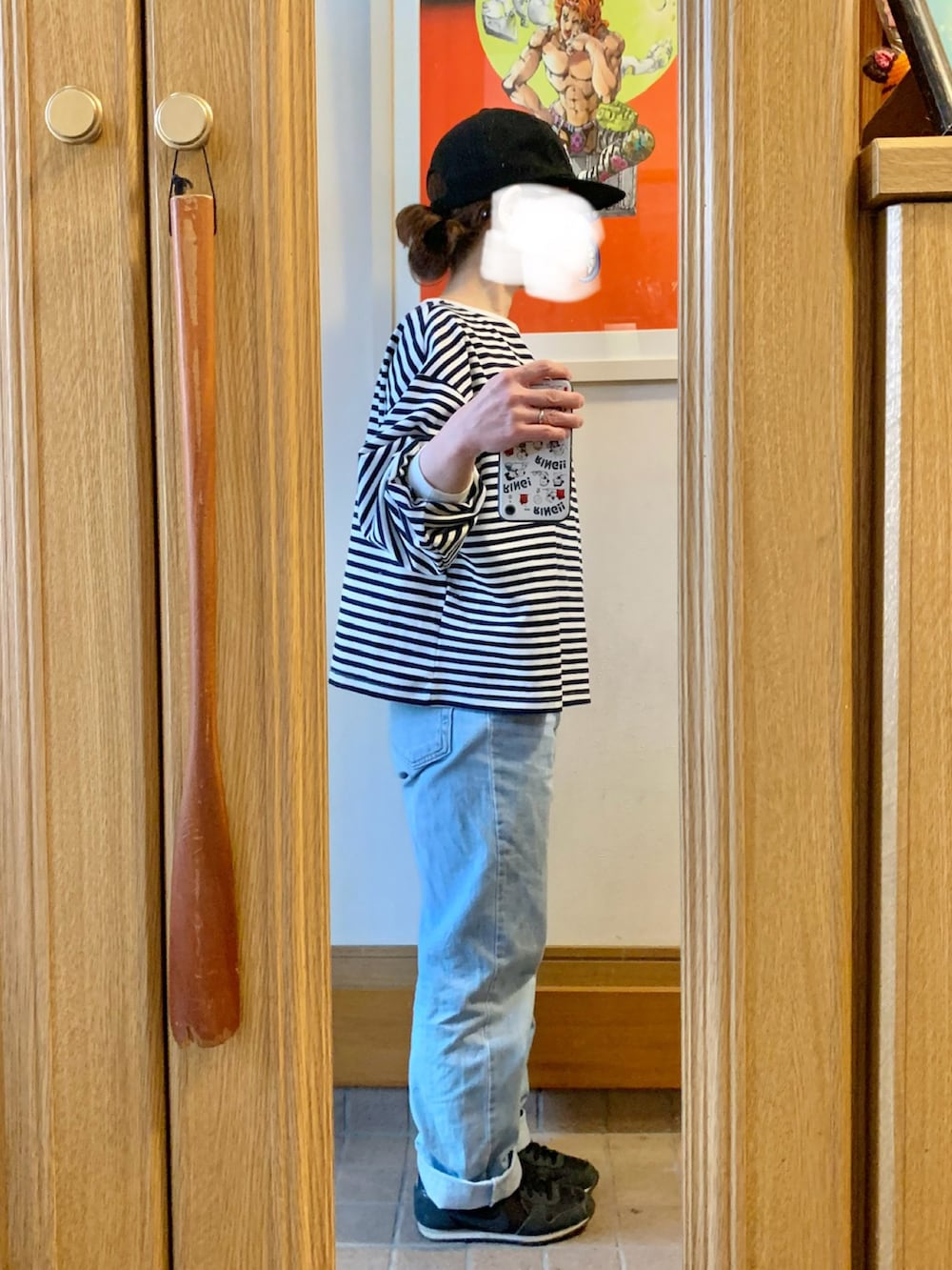 「今日のコーデ、今日の服、キャップ、ボーダー、古着、薄色デニム、中古靴」｜「chocol raffine robeのアイテム（Tシャツ/カットソー、その他）」を使った、まっきさん（レディース・150cm）の春コーディネートの3枚目の写真