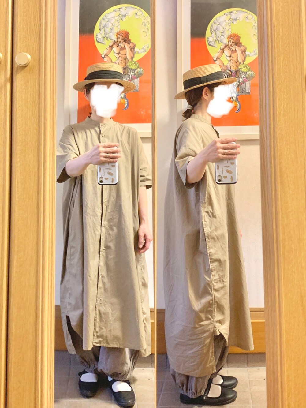 「今日のコーデ、今日の服、シャツワンピ、茶色コーデ、色違いコーデ、古着」｜「Samansa Mos2のアイテム（シャツワンピース、ベージュ系）」を使った、まっきさん（レディース・149cm）の秋コーディネートの2枚目の写真