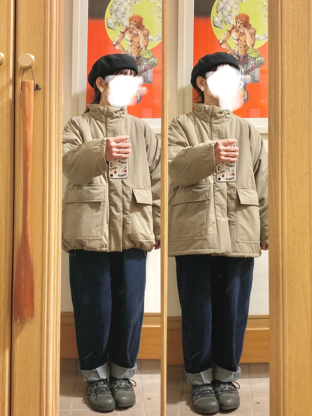 「今日のコーデ、今日の服、ベレー帽、古着、モンタナ、ニットカーディガン」｜「Samansa Mos2のフリル襟綿チュールトップス（Tシャツ/カットソー、ブラック系）」を使った、まっきさん（レディース・150cm）の冬コーディネートの2枚目の写真
