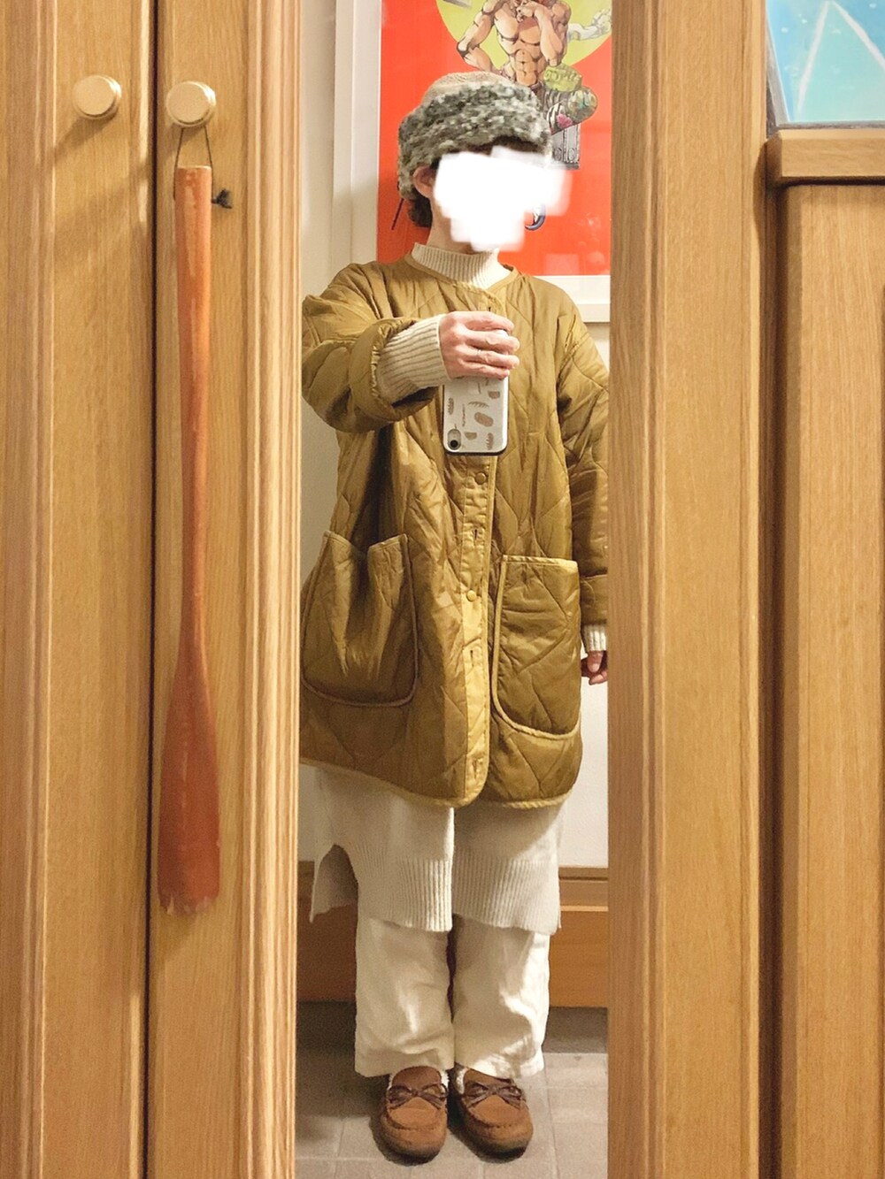 「昨日のコーデ、昨日の服、作家メイド、プチプラ、古着、ライナー、ニットワンピース、モカシン」｜「Samansa Mos2のアイテム（モッズコート、ベージュ系）」を使った、まっきさん（レディース・149cm）の春コーディネートの3枚目の写真