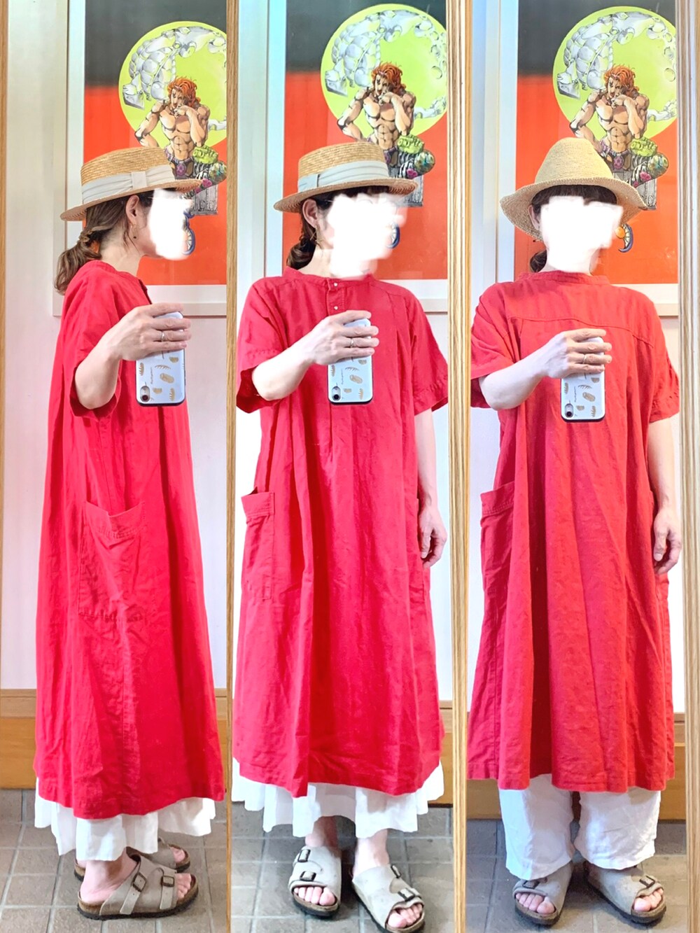「今日のコーデ、今日の服、昨日の買い物、古着、麦わら帽子、つけ襟、休日コーデ」｜「14+の麦ブレードカンカン帽（ハット、ホワイト系）」を使った、まっきさん（レディース・149cm）の夏コーディネートの2枚目の写真