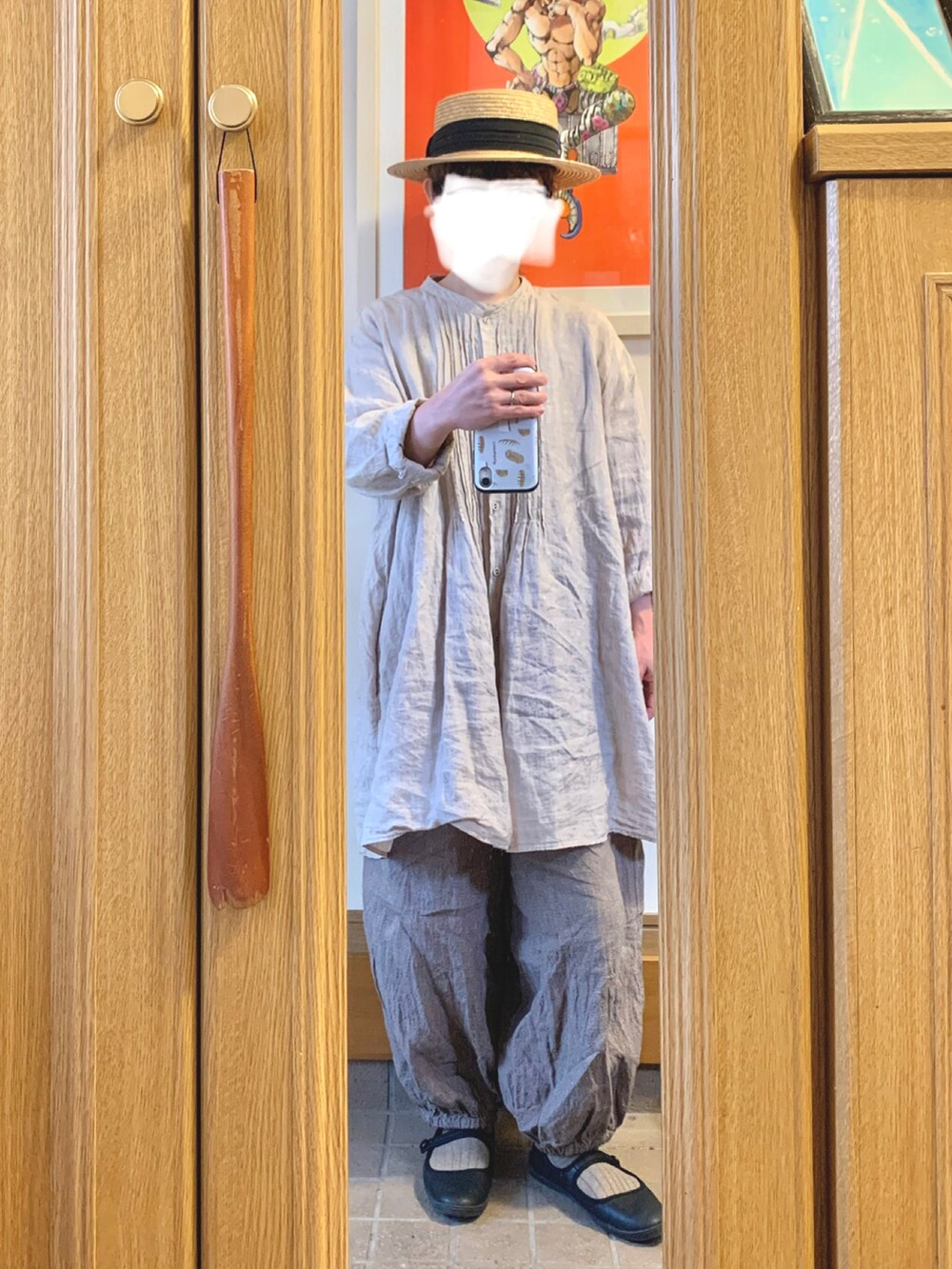 「昨日のコーデ、昨日の服、麦わら帽子、ゆるコーデ、リネン、古着」｜「14+の麦ブレードカンカン帽（ハット、ブラック系）」を使った、まっきさん（レディース・149cm）の春コーディネートの3枚目の写真
