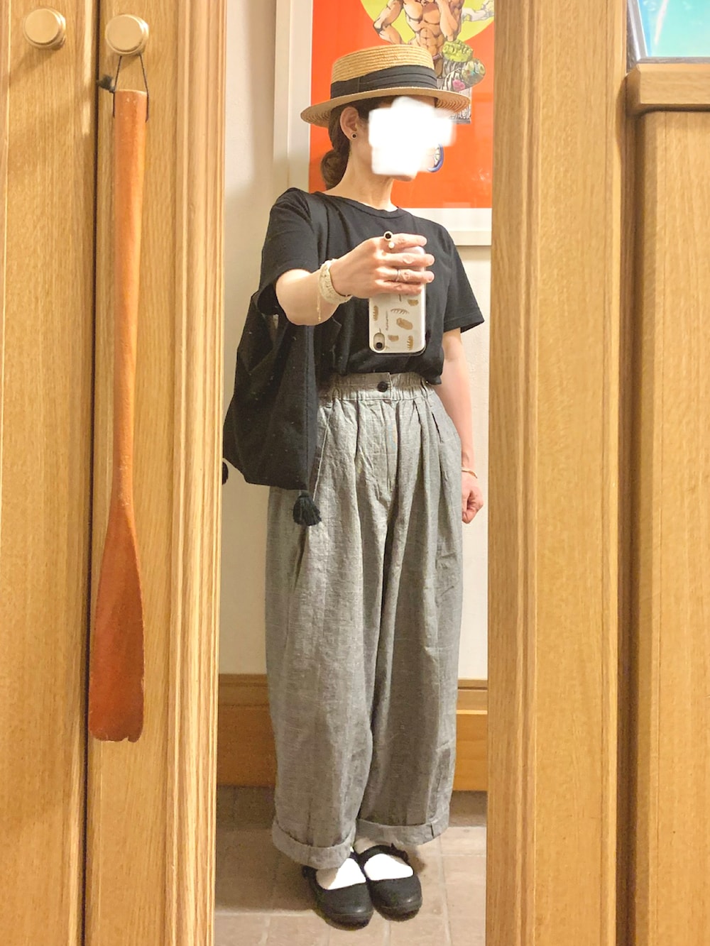 「昨日のコーデ、昨日の服、麦わら帽子、シンプルコーデ、モノトーンコーデ、グレンチェック」｜「14+の麦ブレードカンカン帽（ハット、ブラック系）」を使った、まっきさん（レディース・150cm）の夏コーディネートの2枚目の写真