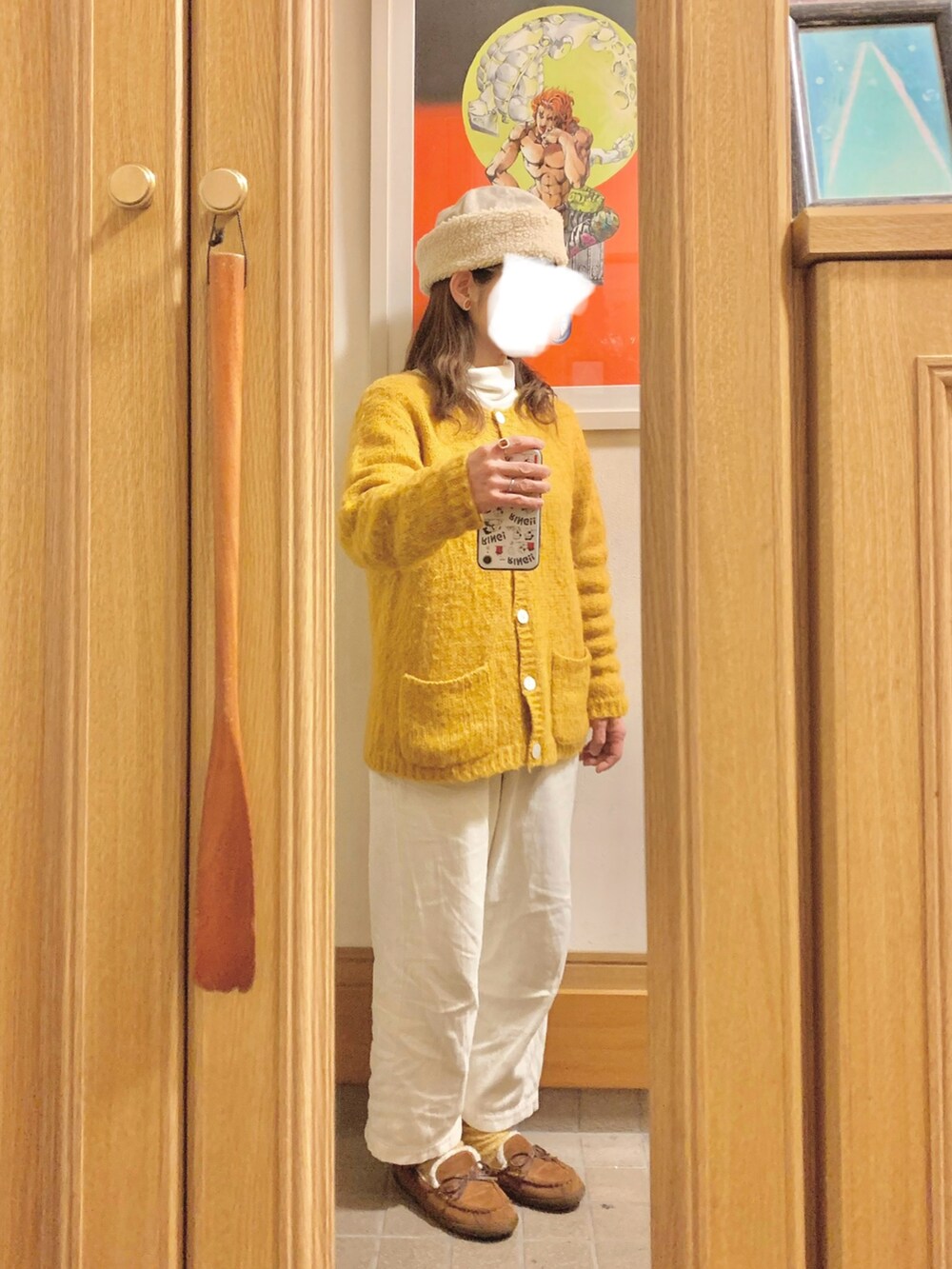 「昨日のコーデ、昨日の服、古着、ニットカーディガン、ヒートテックフリースタートルネックＴシャツ、モッズコート、モカシン」｜「Samansa Mos2のアイテム（モッズコート、ベージュ系）」を使った、まっきさん（レディース・150cm）の冬コーディネートの2枚目の写真