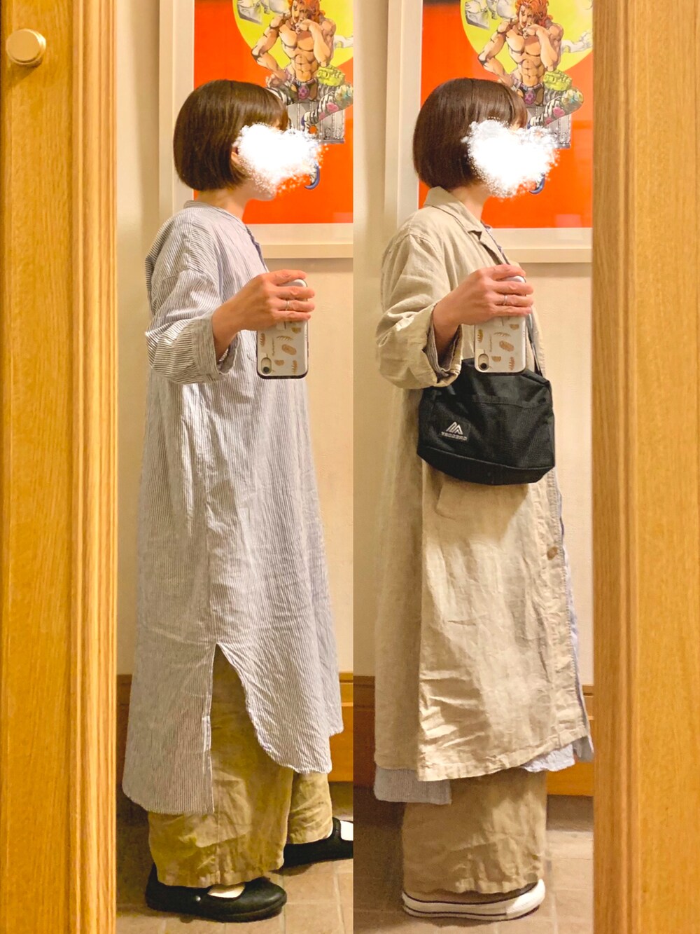 「今日のコーデ、今日の服、シャツワンピ、ストライプ、古着」｜「GREGORYのアイテム（ショルダーバッグ、ブラック系）」を使った、まっきさん（レディース・149cm）の春コーディネートの2枚目の写真