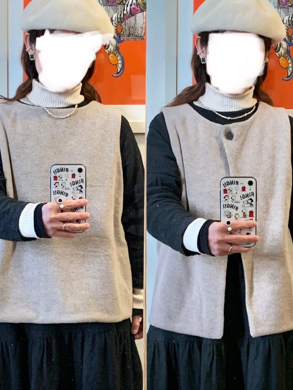 「昨日の服、昨日のコーデ、マルシェ戦利品、ベスト、タートルネック、コーデュロイパンツ、モッズコート」｜「作家メイドのアイテム（ベスト、ベージュ系）」を使った、まっきさん（レディース・150cm）の冬コーディネートの2枚目の写真