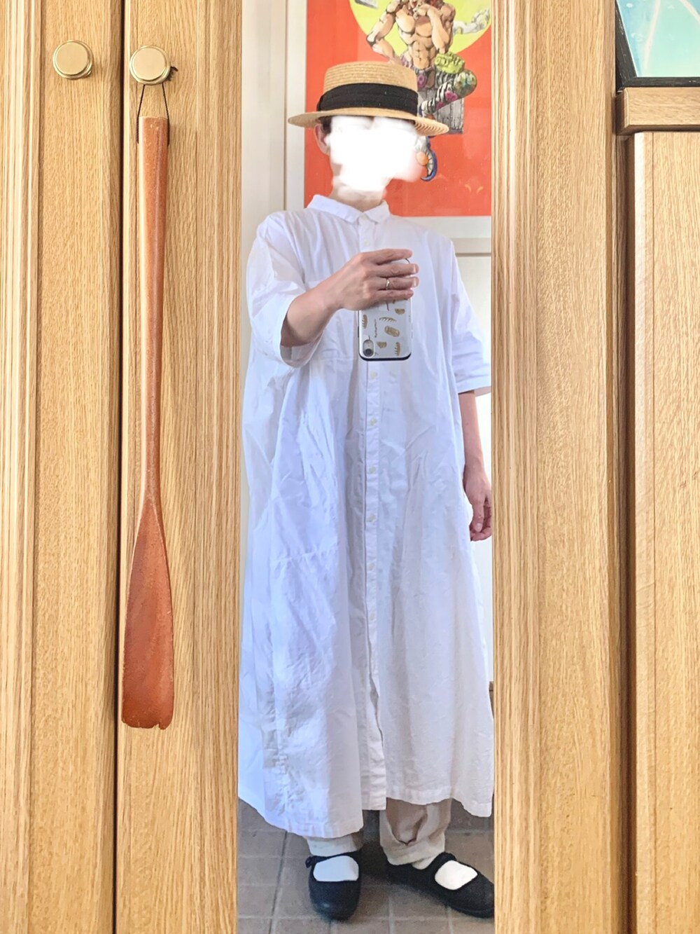 「今日のコーデ、今日の服、シャツワンピ、麦わら帽子、ストラップシューズ、スポサン」｜「14+の麦ブレードカンカン帽（ハット、ブラック系）」を使った、まっきさん（レディース・149cm）の夏コーディネートの2枚目の写真