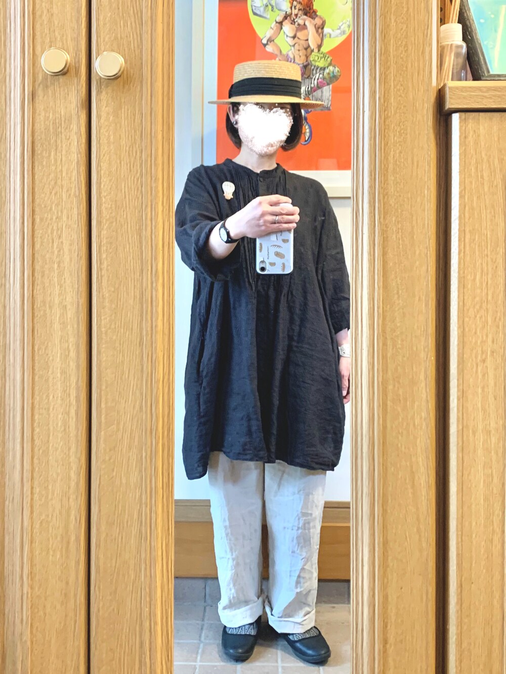 「今日のコーデ、今日の服、シンプルコーデ、麦わら帽子、モノトーンコーデ、古着、リネン、ゆるコーデ」｜「14+の麦ブレードカンカン帽（ハット、ブラック系）」を使った、まっきさん（レディース・149cm）の夏コーディネートの2枚目の写真