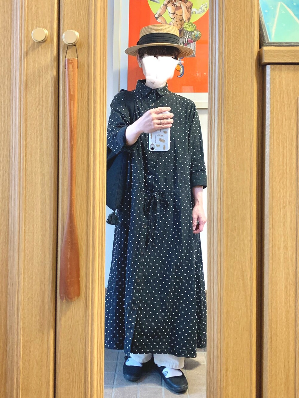 「今日のコーデ、今日の服、麦わら帽子、古着」｜「14+の麦ブレードカンカン帽（ハット、ブラック系）」を使った、まっきさん（レディース・149cm）の春コーディネートの2枚目の写真