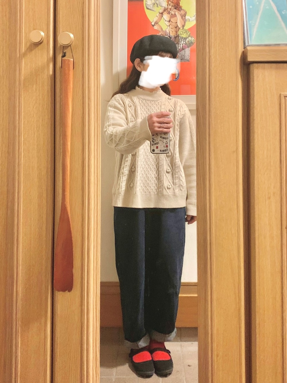 「昨日のコーデ、昨日の服、ニット、デニム、ハンティングジャケット」｜「しまむらのアイテム（ニット/セーター、ホワイト系）」を使った、まっきさん（レディース・150cm）の冬コーディネートの2枚目の写真