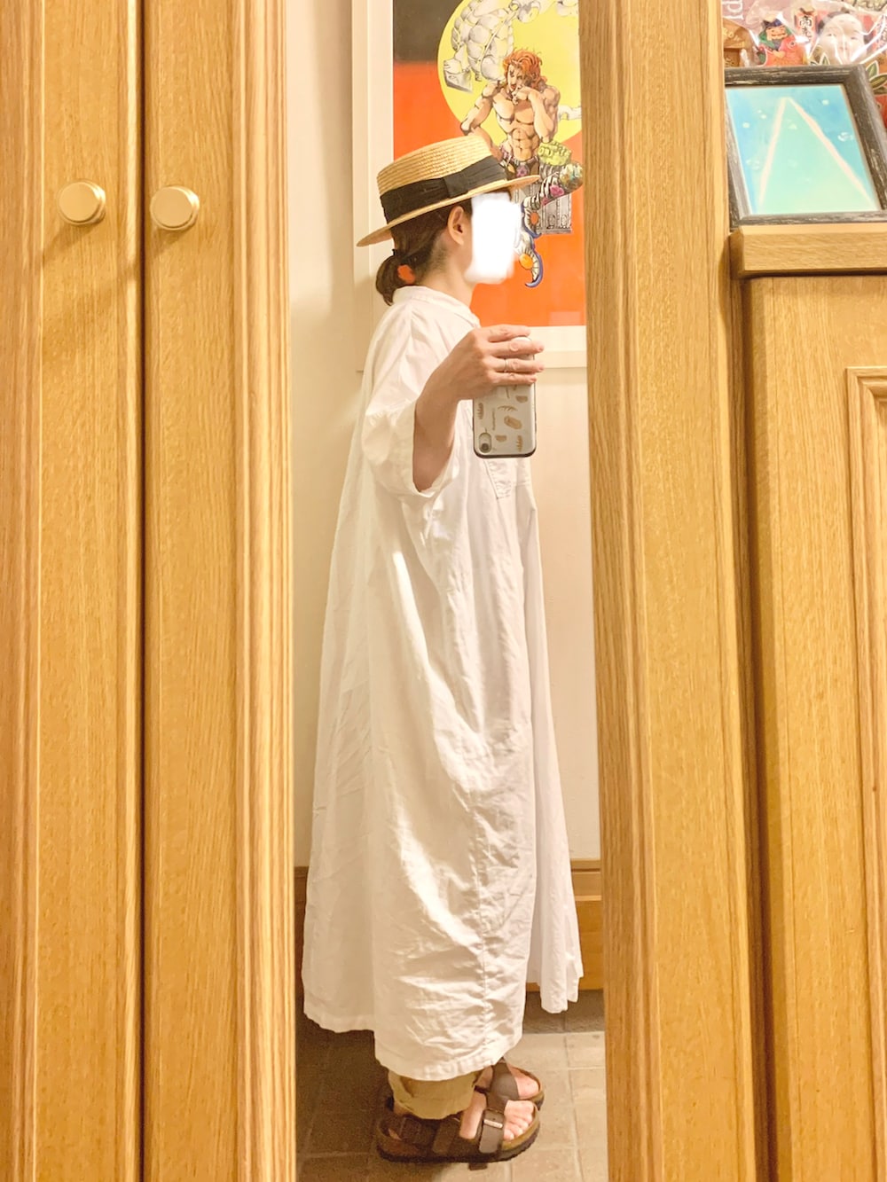 「今日のコーデ、今日の服、麦わら帽子、シャツワンピ」｜「14+の麦ブレードカンカン帽（ハット、ブラック系）」を使った、まっきさん（レディース・149cm）の秋コーディネートの3枚目の写真