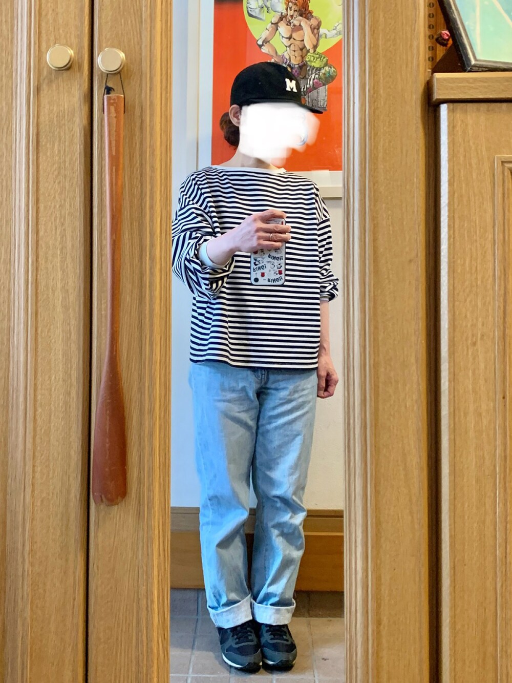 「今日のコーデ、今日の服、キャップ、ボーダー、古着、薄色デニム、中古靴」｜「chocol raffine robeのアイテム（Tシャツ/カットソー、その他）」を使った、まっきさん（レディース・150cm）の春コーディネートの2枚目の写真