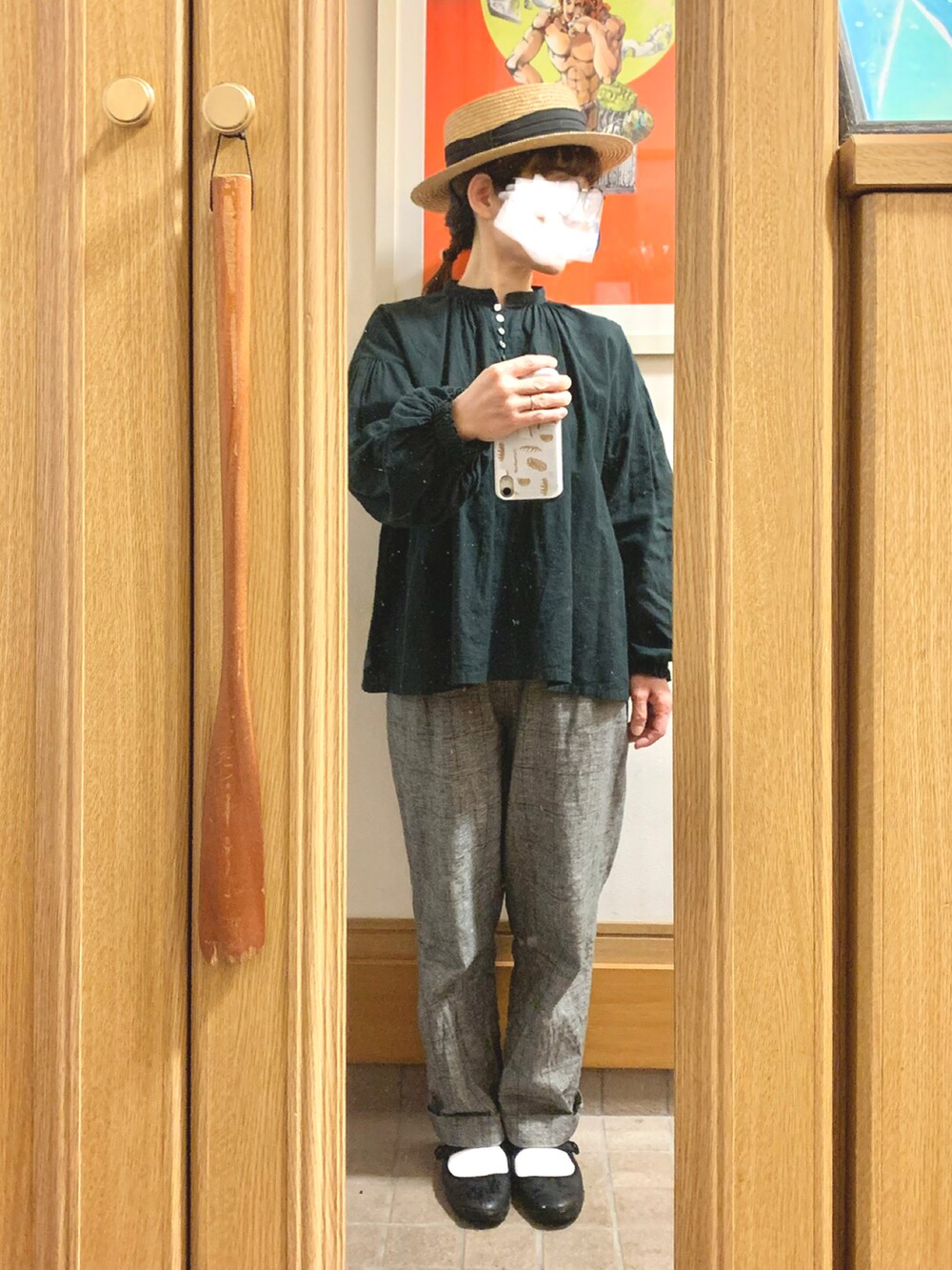 「昨日のコーデ、昨日の服、作家メイド、グレンチェック」｜「14+の麦ブレードカンカン帽（ハット、ブラック系）」を使った、まっきさん（レディース・149cm）の春コーディネートの3枚目の写真