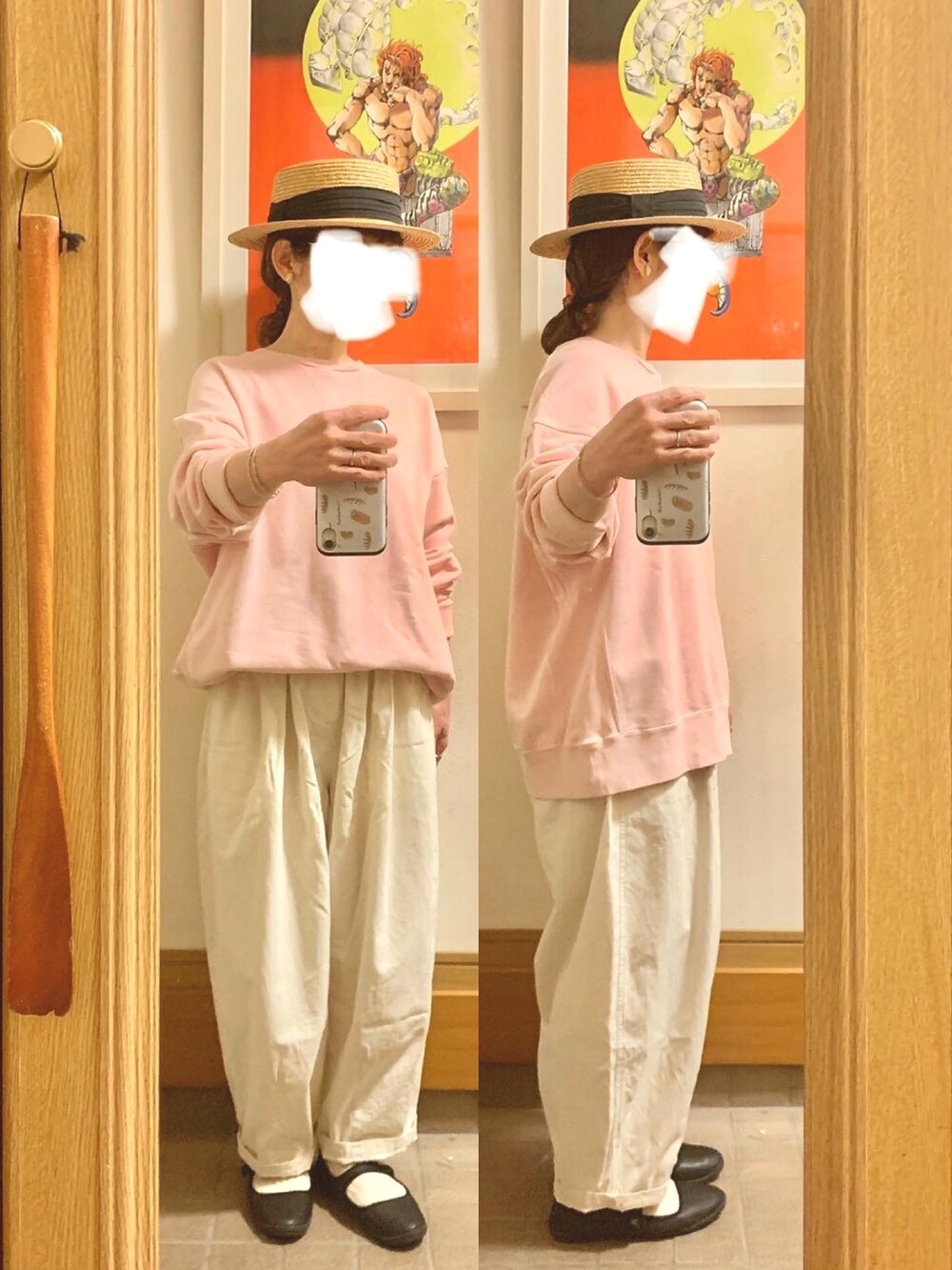 「昨日の買い物、ストライプシャツワンピ、ピンク、スウェット、古着」｜「N.O.R.Cのアイテム（シャツワンピース、イエロー系）」を使った、まっきさん（レディース・149cm）の春コーディネートの3枚目の写真