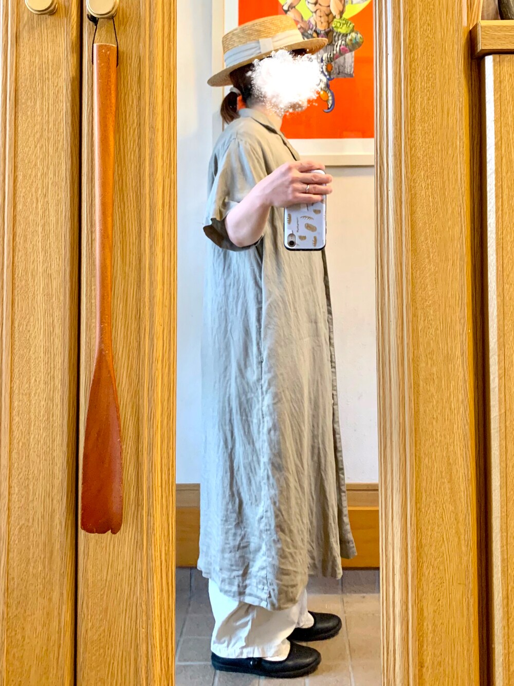 「今日のコーデ、今日の服、麦わら帽子、開襟シャツワンピース、シンプルコーデ、古着」｜「14+の麦ブレードカンカン帽（ハット、ホワイト系）」を使った、まっきさん（レディース・149cm）の夏コーディネートの3枚目の写真