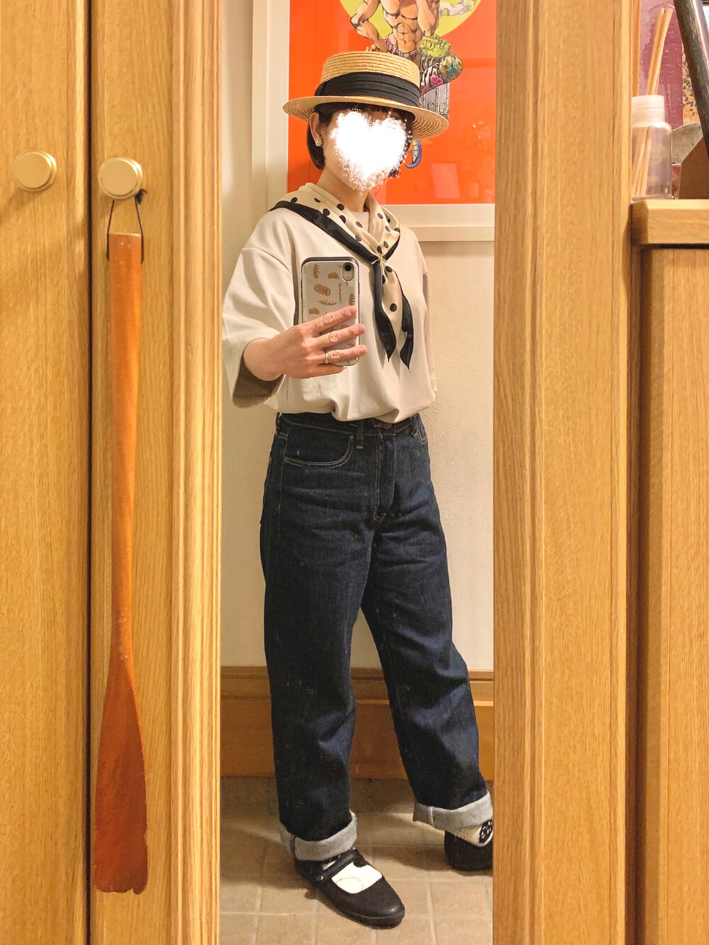 「購入品、スカーフ、シンプルコーデ、帽子」｜「studio CLIPの14ゲージハイツイストポロTニット（ポロシャツ、レッド系）」を使った、まっきさん（レディース・149cm）の春コーディネートの2枚目の写真