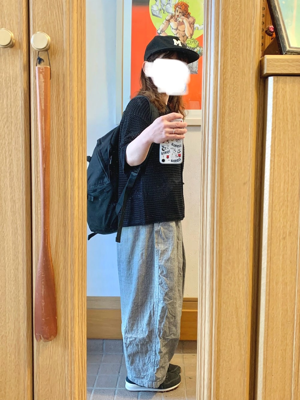 「昨日のコーデ、昨日の服、キャップ、透かし編みニット、グレンチェック」｜「古着屋購入品のアイテム（キャップ、ブラック系）」を使った、まっきさん（レディース・150cm）の春コーディネートの3枚目の写真