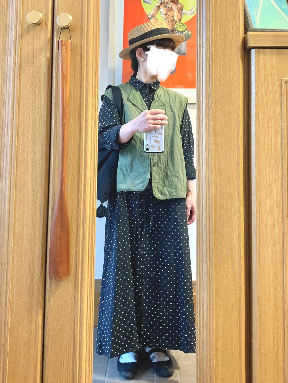 「今日のコーデ、今日の服、麦わら帽子、古着」｜「14+の麦ブレードカンカン帽（ハット、ブラック系）」を使った、まっきさん（レディース・149cm）の春コーディネートの5枚目の写真