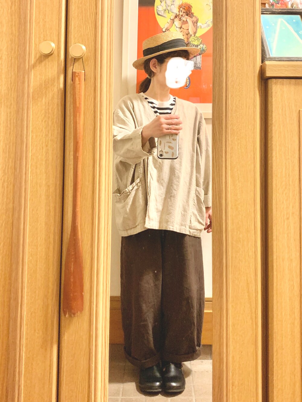 「昨日のコーデ、昨日の服、麦わら帽子、ボーダー」｜「14+の麦ブレードカンカン帽（ハット、ブラック系）」を使った、まっきさん（レディース・149cm）の春コーディネートの2枚目の写真
