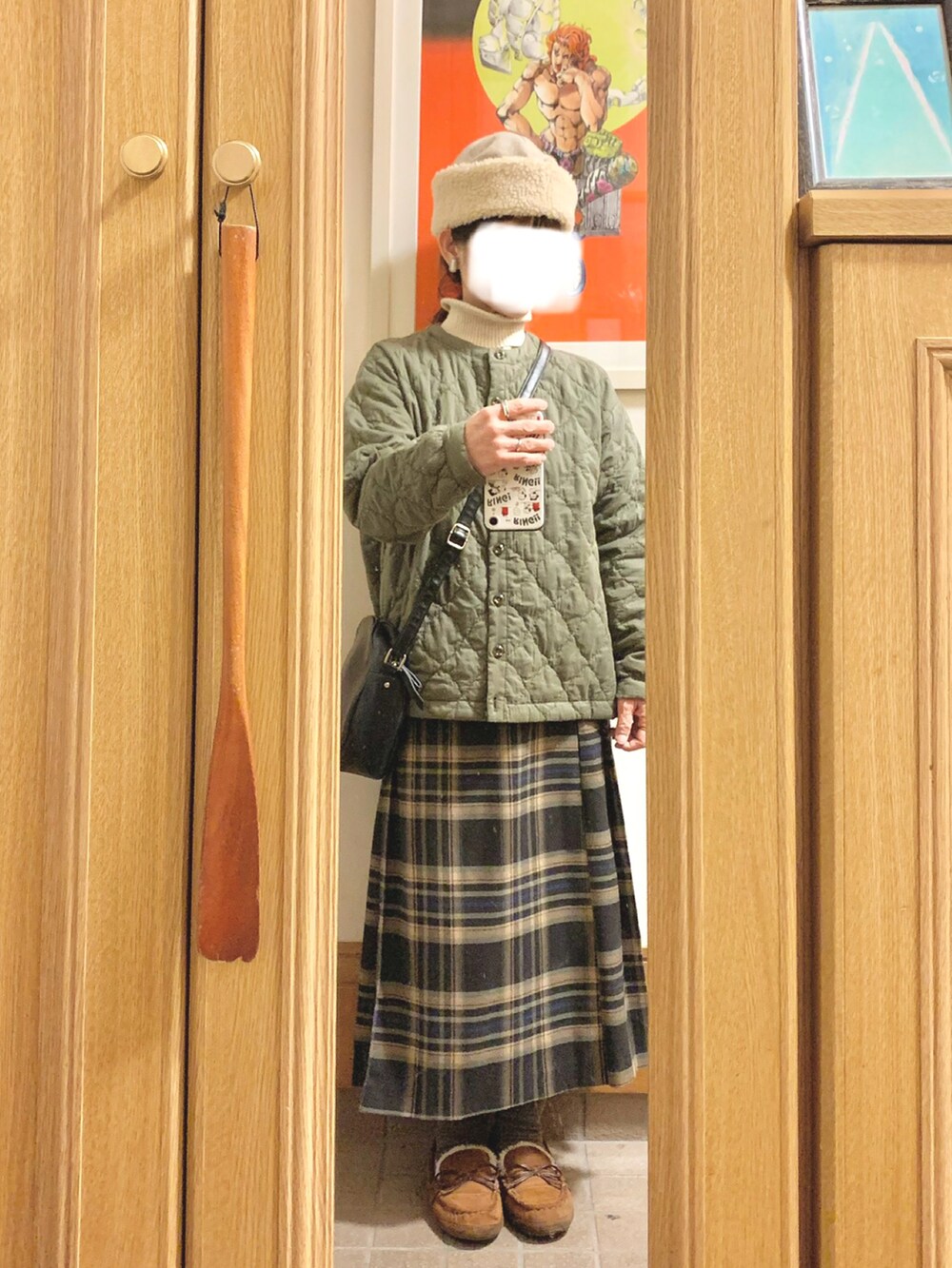 「イロチ買い、古着、買い物」｜「tukuroiのアイテム（ノーカラージャケット、グリーン系）」を使った、まっきさん（レディース・150cm）の冬コーディネートの2枚目の写真